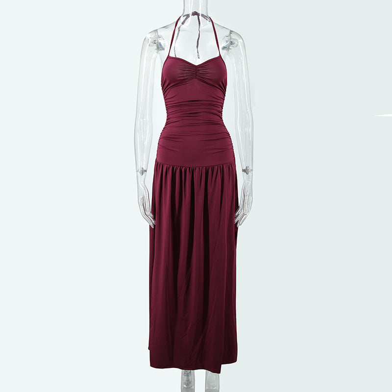 Hanging neck slim fit exposed backpack hip side slit jumpsuit long skirt