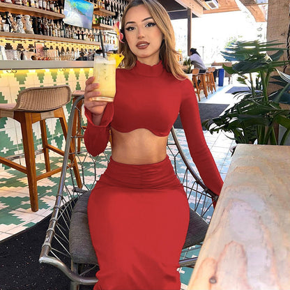 Pure Color Crop Top with Flared Sleeves and Low Waist Pleated Long Skirt Set