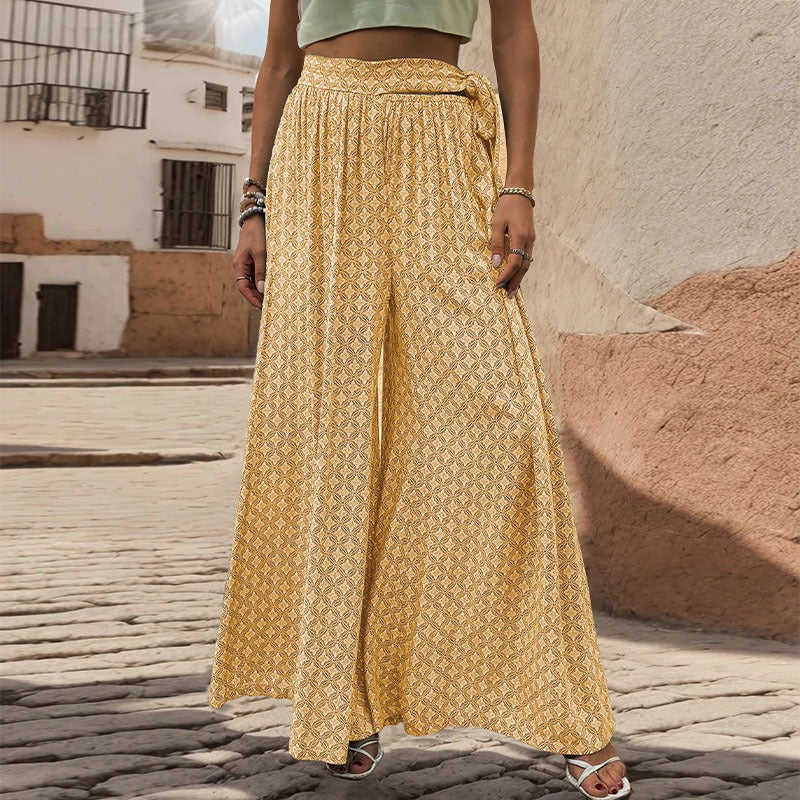 New European and American summer women's clothing ethnic style printed wide leg pants with large horns