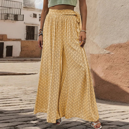 New European and American summer women's clothing ethnic style printed wide leg pants with large horns