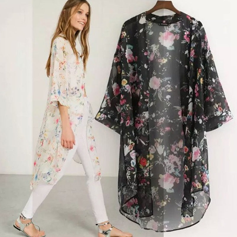 Spring And Summer New Fashion Chiffon Print Mid Length Women's Cardigan Short Sleeve Beach Sunscreen