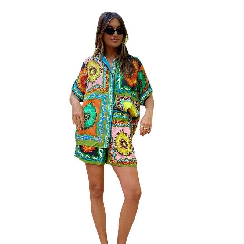 Casual Fashionable printed daisy flower shorts and shirt two sets