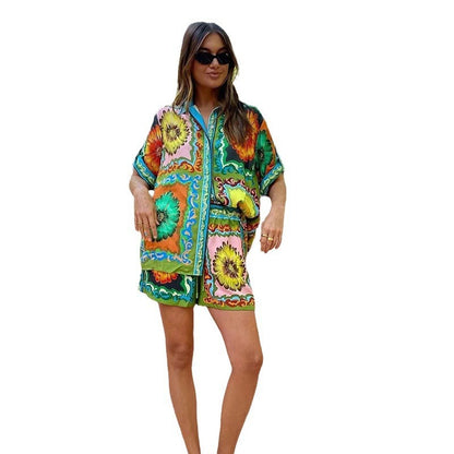 Casual Fashionable printed daisy flower shorts and shirt two sets