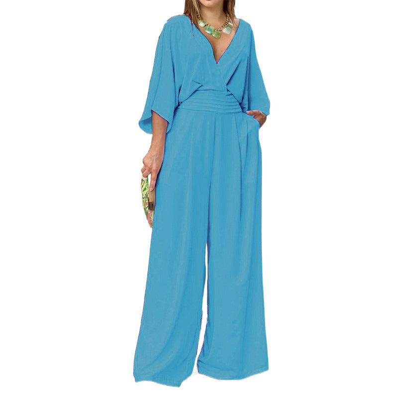 Wide leg pants with loose sleeves V-neck cinched waist pocket jumpsuit