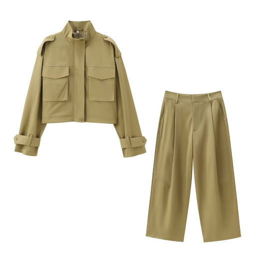 Women's Clothing Pocket Decorated Jacket + Pleated Pants Set