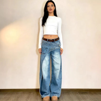 Casual denimbroek met modieuze wassing asymmetrisch ontwerp en rechte pijpen