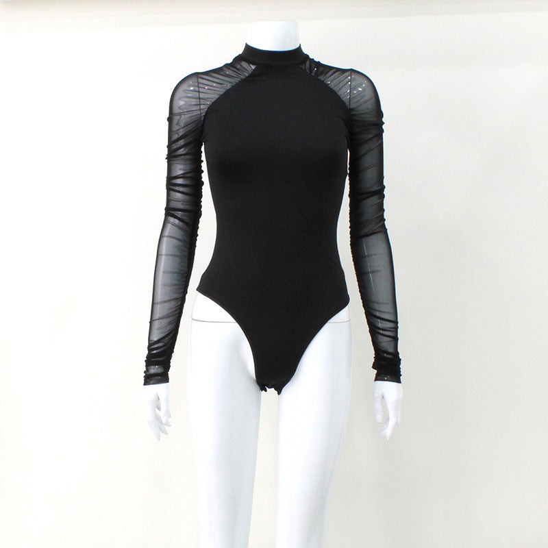 Mesh long sleeved patchwork round neck slim fit jumpsuit