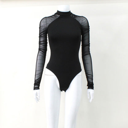 Mesh long sleeved patchwork round neck slim fit jumpsuit