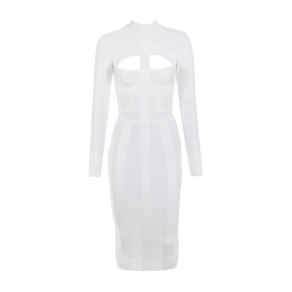 Women Bodycon Bandage Dress White Long Sleeve Hollow Out Club Dress Vestidos Celebrity Evening Party Midi Dress