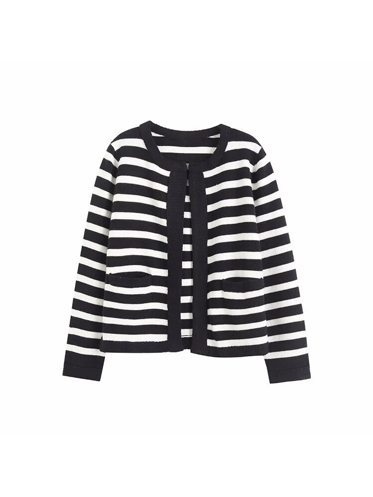 TRAF Women Skirt Sets Fashion Striped Knitted Cardigan Sweater+Mini Skirts Long Sleeve Casual Female clothing 2 pieces set