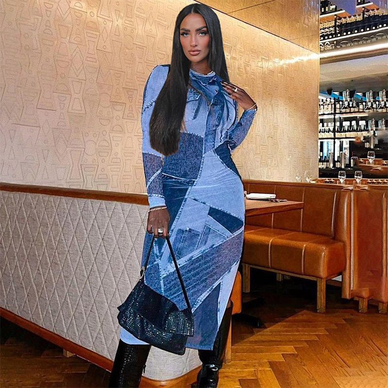 Summer Blue Denim Print Long Sleeve Maxi Dresses Vacation Outfits For Women  Streetwear O Neck Bodycon Long Dress
