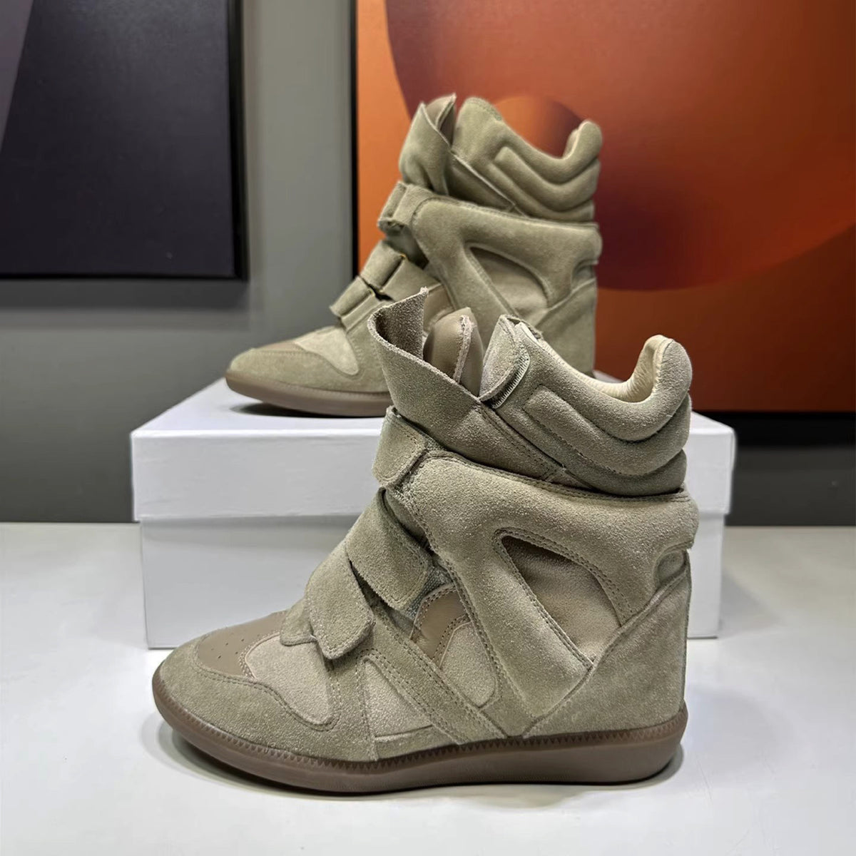 Women's Hidden Wedge Sneakers Cowhide Casual Shoes