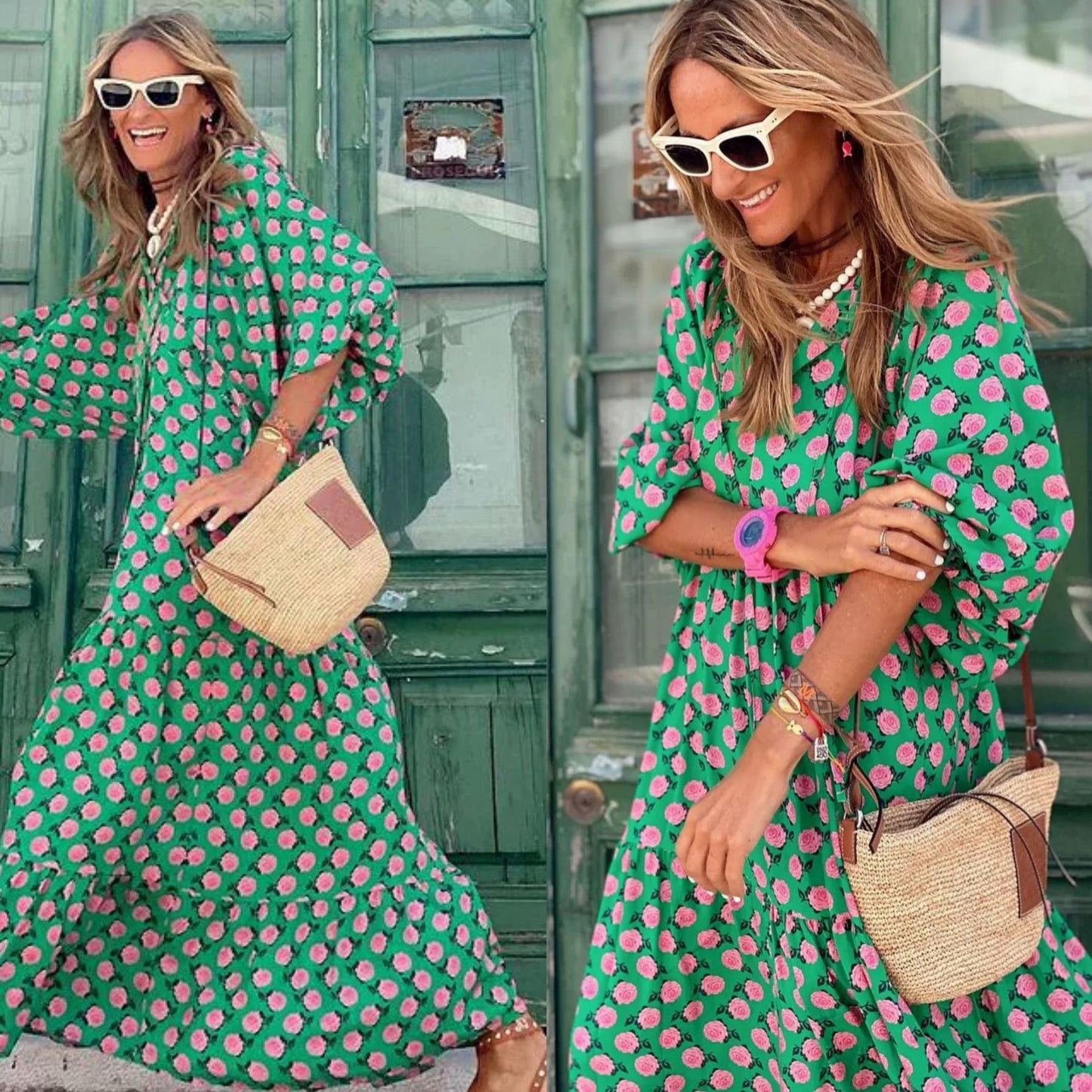 Geometric Collage Puff Sleeve Dress