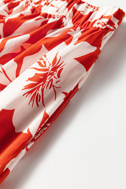 Rode maxi-rok met hoge split bloemenprint en meerdere lagen