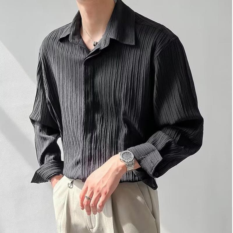 Textured Top Korean Style Loose Casual Long-Sleeved Shirt Men's Fashionable Handsome Striped Non-Ironing Shirt Autumn