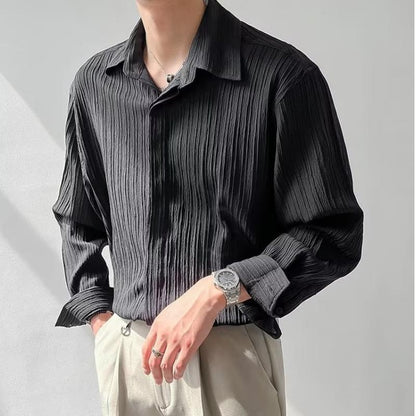 Textured Top Korean Style Loose Casual Long-Sleeved Shirt Men's Fashionable Handsome Striped Non-Ironing Shirt Autumn