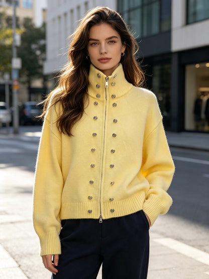 button-decorated knitted zipper cardigan sweater coat