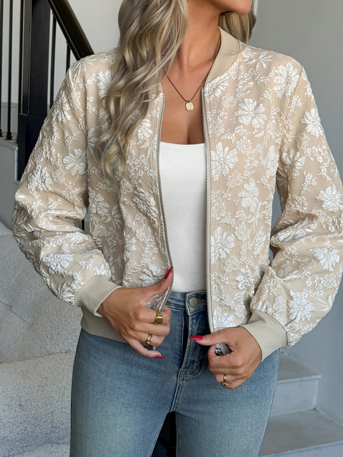 Women's jacquard zipper loose-fit jacket