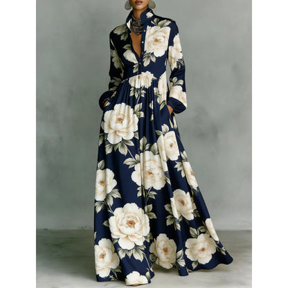 Elegant Waist-Cinching Floral Printed Long Sleeve Dress for Women