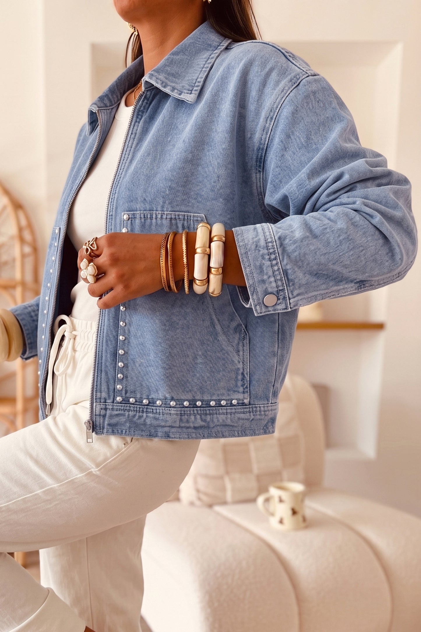 Denimjack met lange mouwen zakken ritssluiting versierd met klinknagels