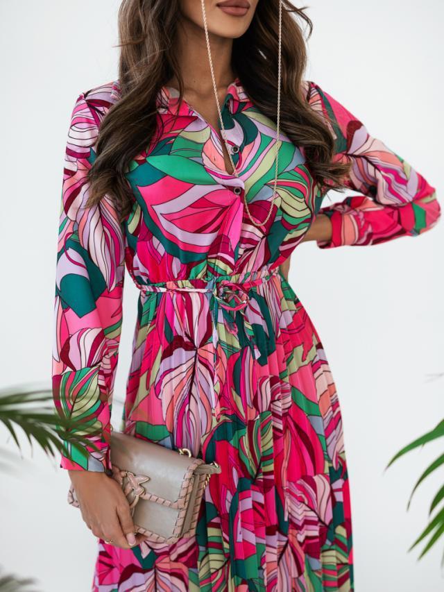 V-Neck Lange Mouw Geplooide Jurk met Strik En Gerimpelde Taille