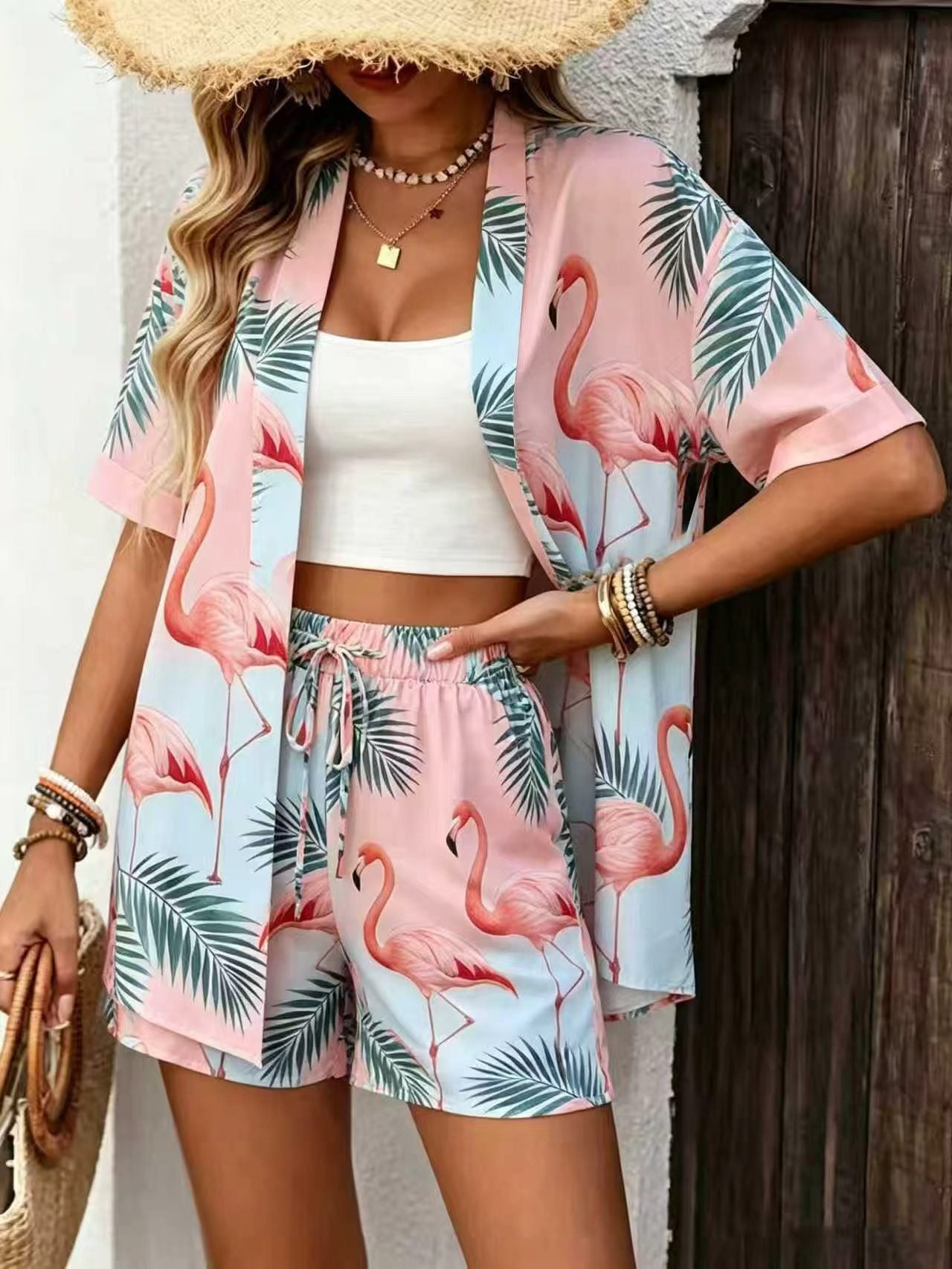 Flamingo Print Cardigan and Shorts Set