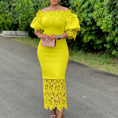 Elegant Lace-Panelled Boat-Neck Dress
