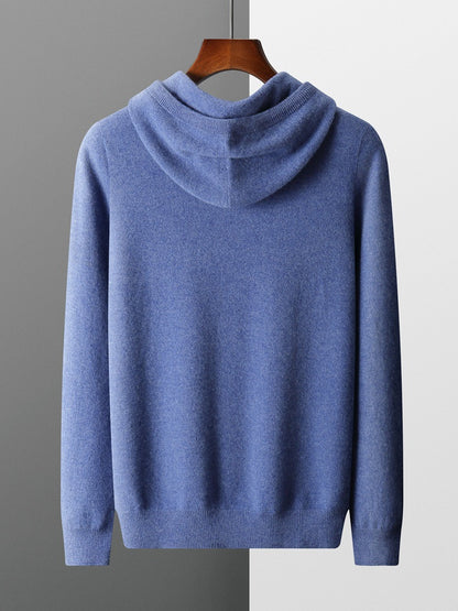 Mens Hooded Cashmere Blend Sweater Solid Color Long Sleeve Knit Pullover
