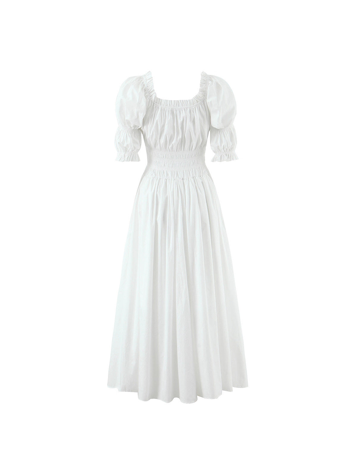 Elegant Retro Puff Sleeve Cotton Dress with Cinched Waist