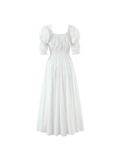 Elegant Retro Puff Sleeve Cotton Dress with Cinched Waist