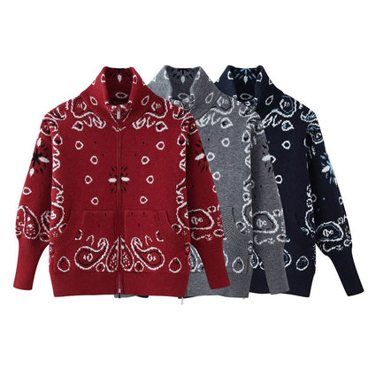 Loose Tricolor Zipper Long Sleeve Cardigan Sweater Jacket