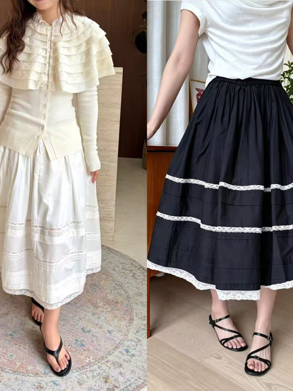 French Style Lace Splicing Floral Pleated A-Line Skirt