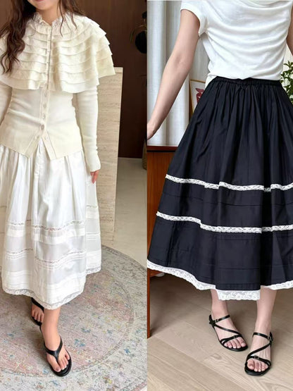 French Style Lace Splicing Floral Pleated A-Line Skirt
