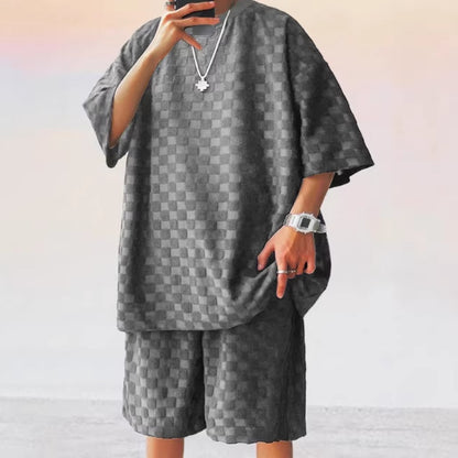 Men's Jacquard Plaid Casual T-Shirt and Shorts Set