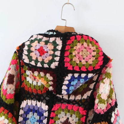 Europese oma handgemaakte geruite bohemian vest met capuchon