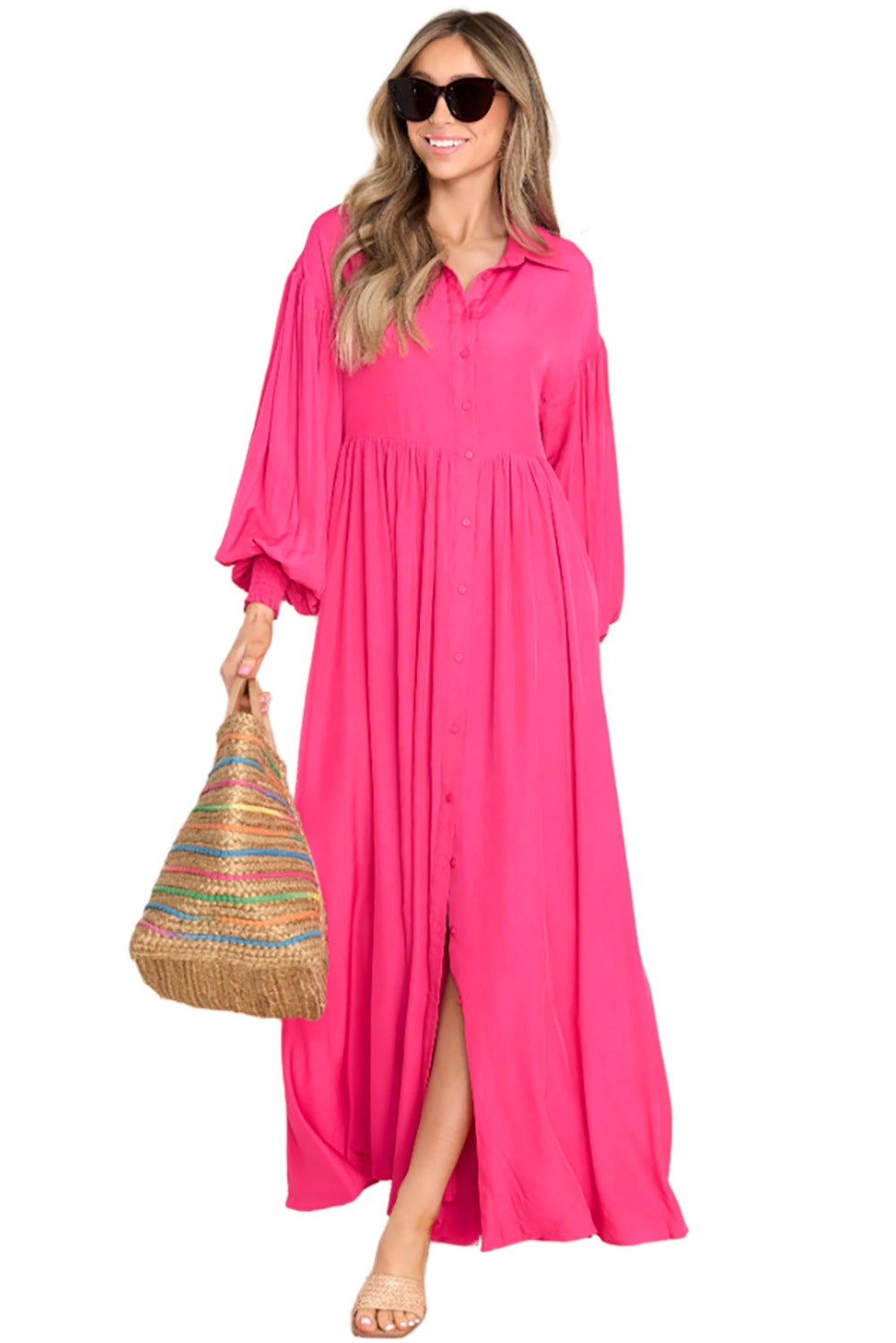 Roze maxi-jurk met ballonmouwen