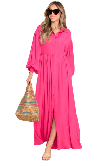 Roze maxi-jurk met ballonmouwen