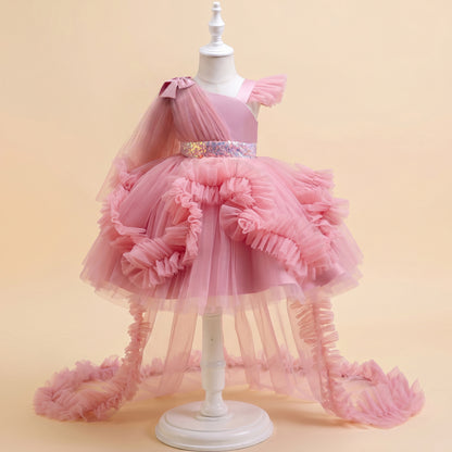 Girls Tulle Princess Dress with Irregular Train and Bow Detail Birthday Party Dress