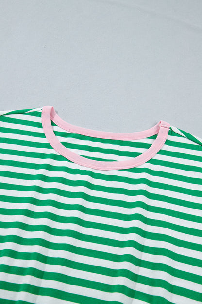 Gestreepte mini-jurk met strik contrasterende bies korte mouwen en ronde hals