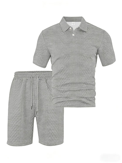 Mens Jacquard Lapel Polo Shirt Shorts Set