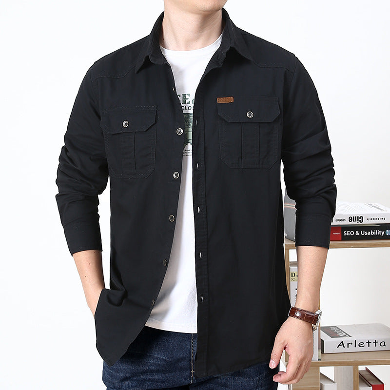 Men's Plus Size Solid Color Long Sleeve Work Shirt Loose Fit Casual Button-Down Shirt with Pocket