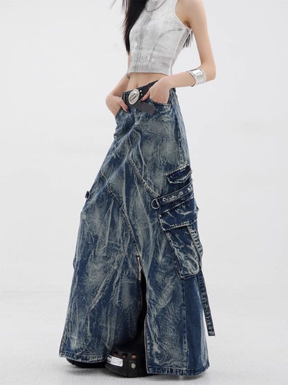 Vintage Washed Tie-Dye Denim Skirt with Zipper Detail