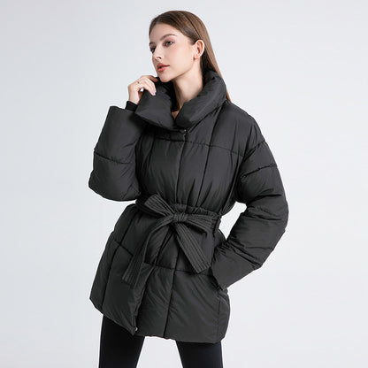 Mid-length womens winter coat with belt