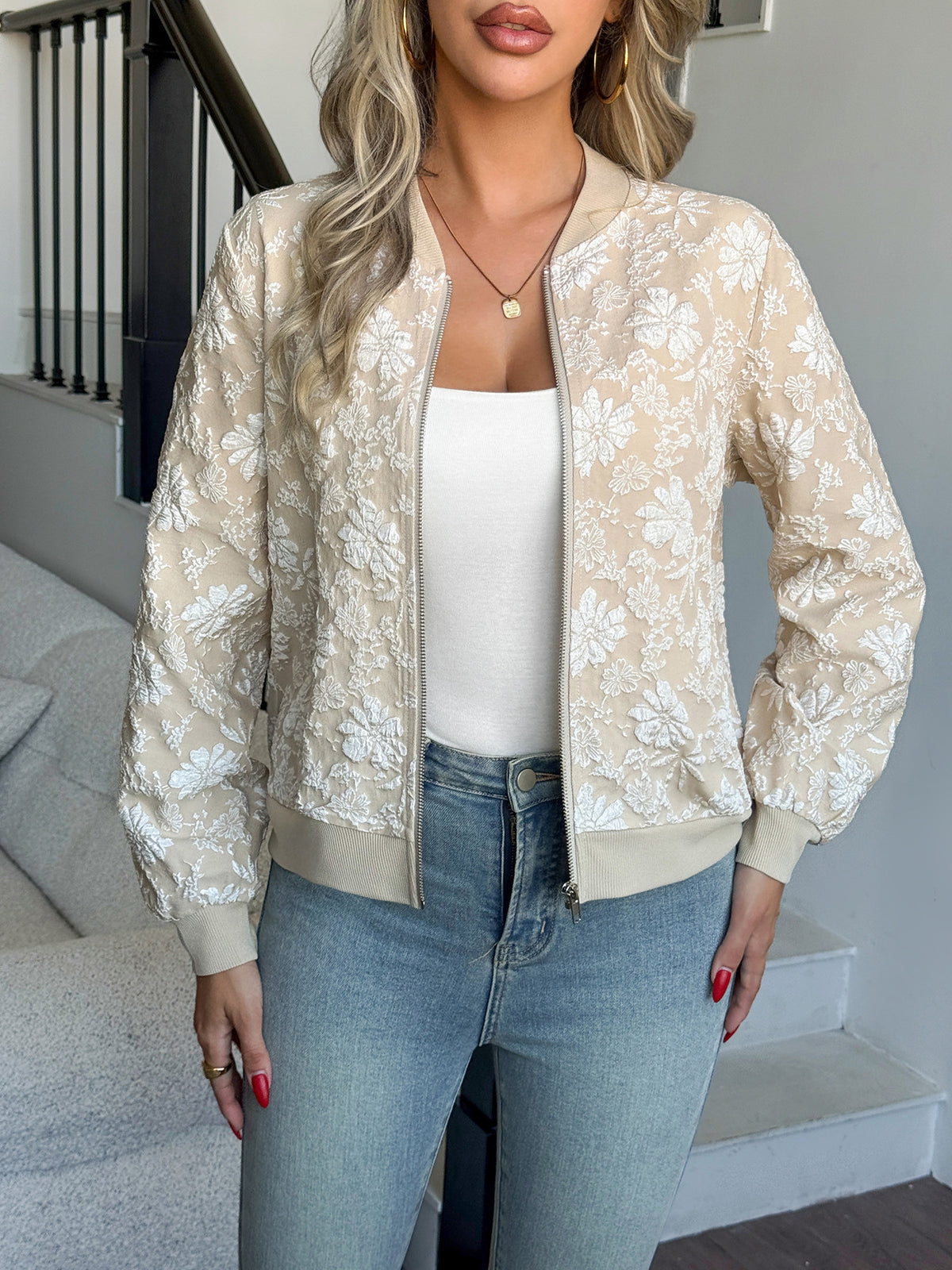 Women's jacquard zipper loose-fit jacket