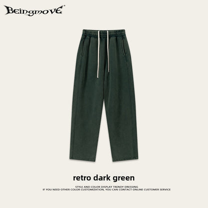 Retro Washed 400g Fleece Lined Curved Cut Straight Leg Sweatpants for Men