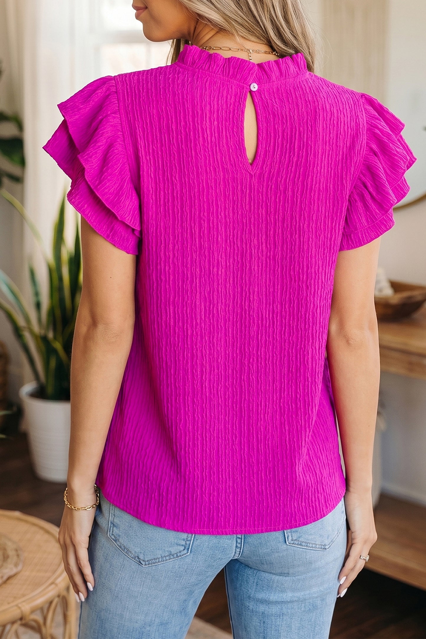 Effen blouse met textuur en ruches korte mouwen