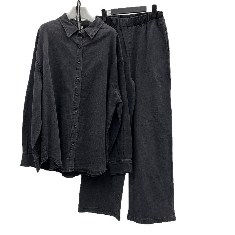 Women's Denim Polo Collar Casual Set