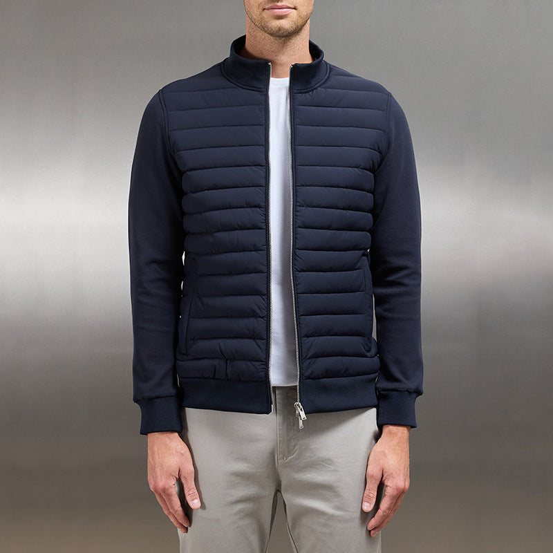 Men Lightweight Down Cotton Jacket Stand Collar Knitted Patchwork