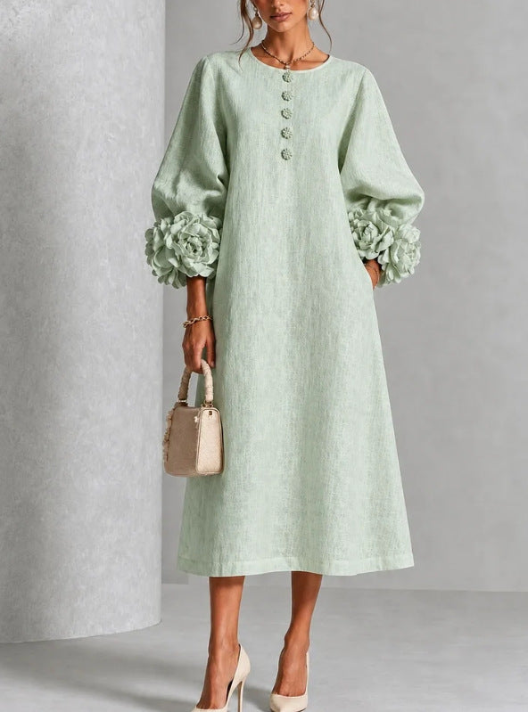 Elegant Floral Sleeve Cotton Linen Dress