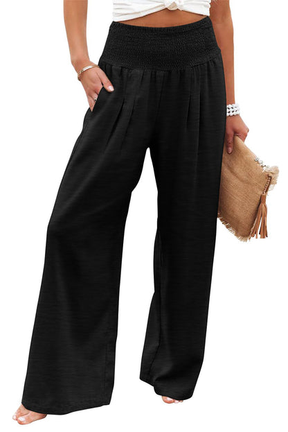 Zwarte geplooide broek met hoge taille en wijde pijpen plus size